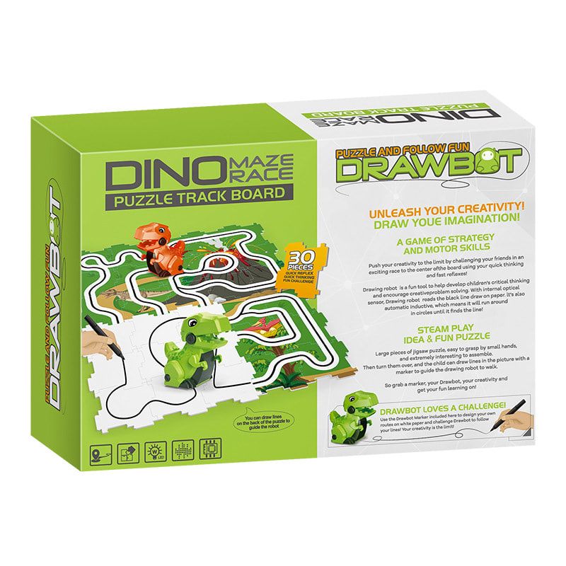 Dinosaur Maze Racing Toy Set for Kids Ages 3+ – Track Puzzle Assembly with Two Q-Style T-Rex Cars, Line-Following Sensors, and Drawing Pen for Interactive Play and Cognitive Development (Orange)