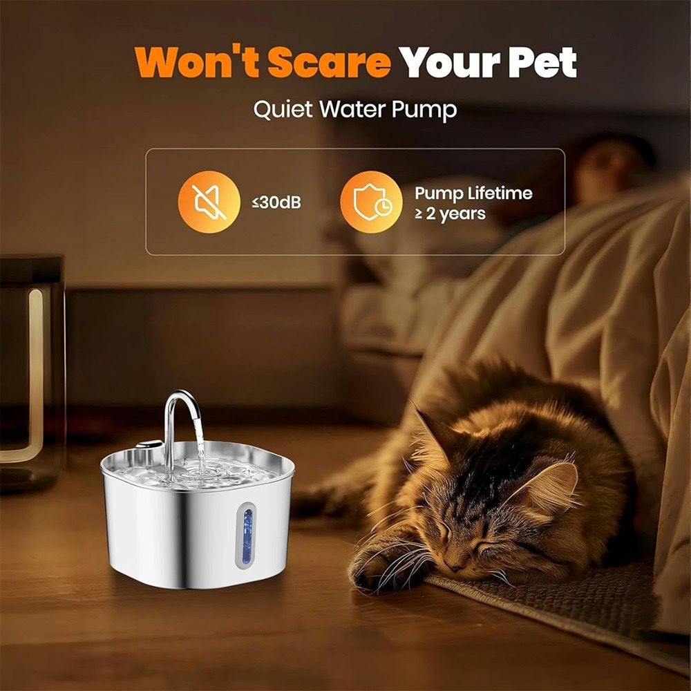 304 Stainless Steel Pet Water Fountain, 2.2L Quiet Drinking Dispenser with Dual Flow Modes, Multi-Stage Filtration for Cats & Small Dogs, USB Powered (A2)