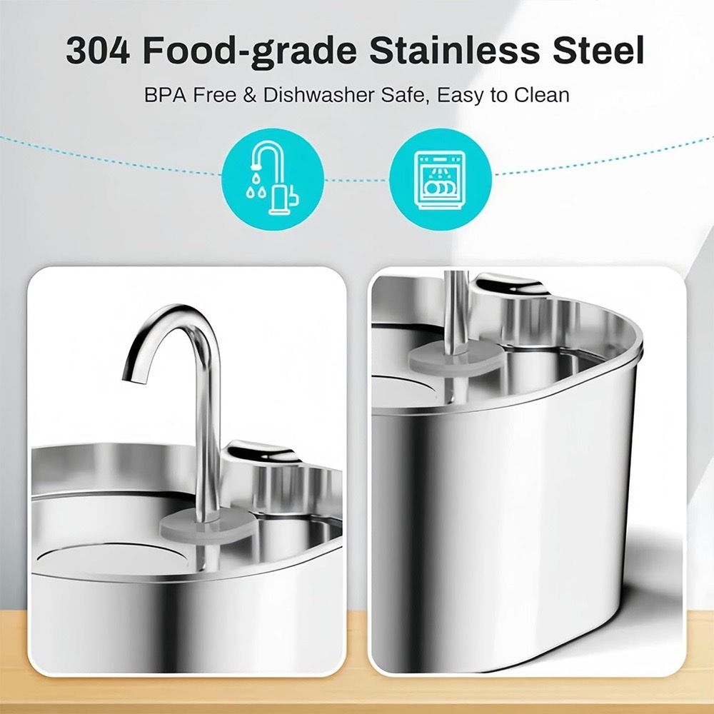 304 Stainless Steel Pet Water Fountain, 2.2L Quiet Drinking Dispenser with Dual Flow Modes, Multi-Stage Filtration for Cats & Small Dogs, USB Powered (A2)