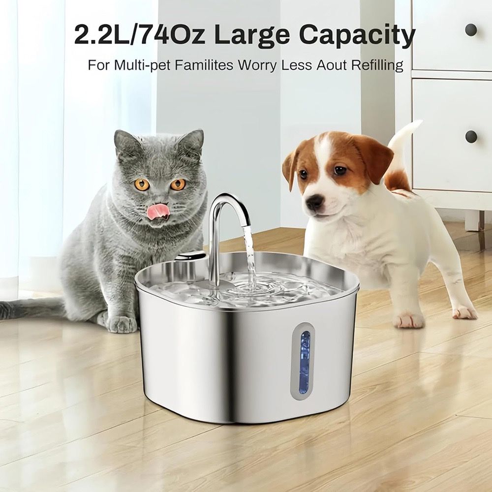 304 Stainless Steel Pet Water Fountain, 2.2L Quiet Drinking Dispenser with Dual Flow Modes, Multi-Stage Filtration for Cats & Small Dogs, USB Powered (B1)
