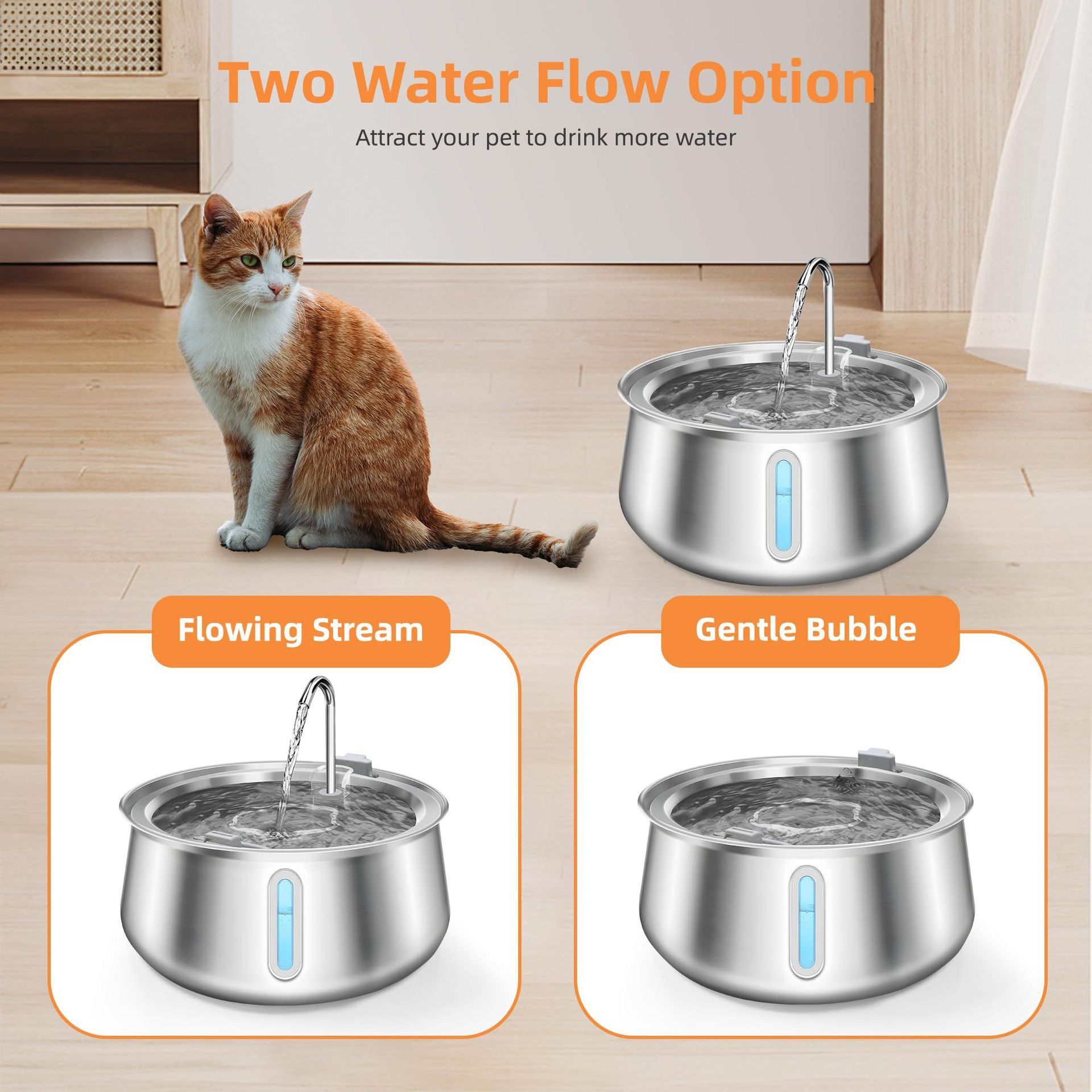 304 Stainless Steel Automatic Pet Water Fountain, 4L Cat Water Dispenser with Transparent Window, Dual Flow Modes, Activated Carbon Filter, Low Noise USB Pump for Indoor Cats and Dogs (A)