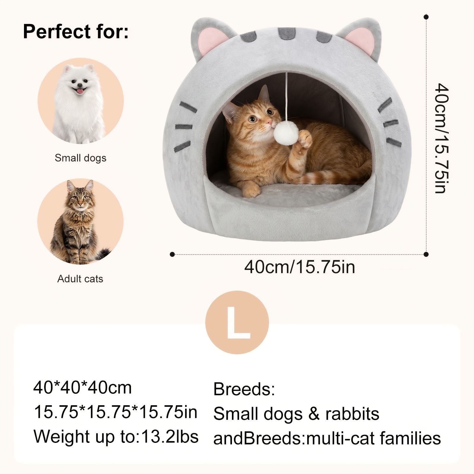 Cozy Semi-Enclosed Cat Cave Bed with Plush Toy Ball, 2-in-1 Convertible Design for Small Dogs and Rabbits, Soft Furry Shelter for Anxious Pets (L, Grey)