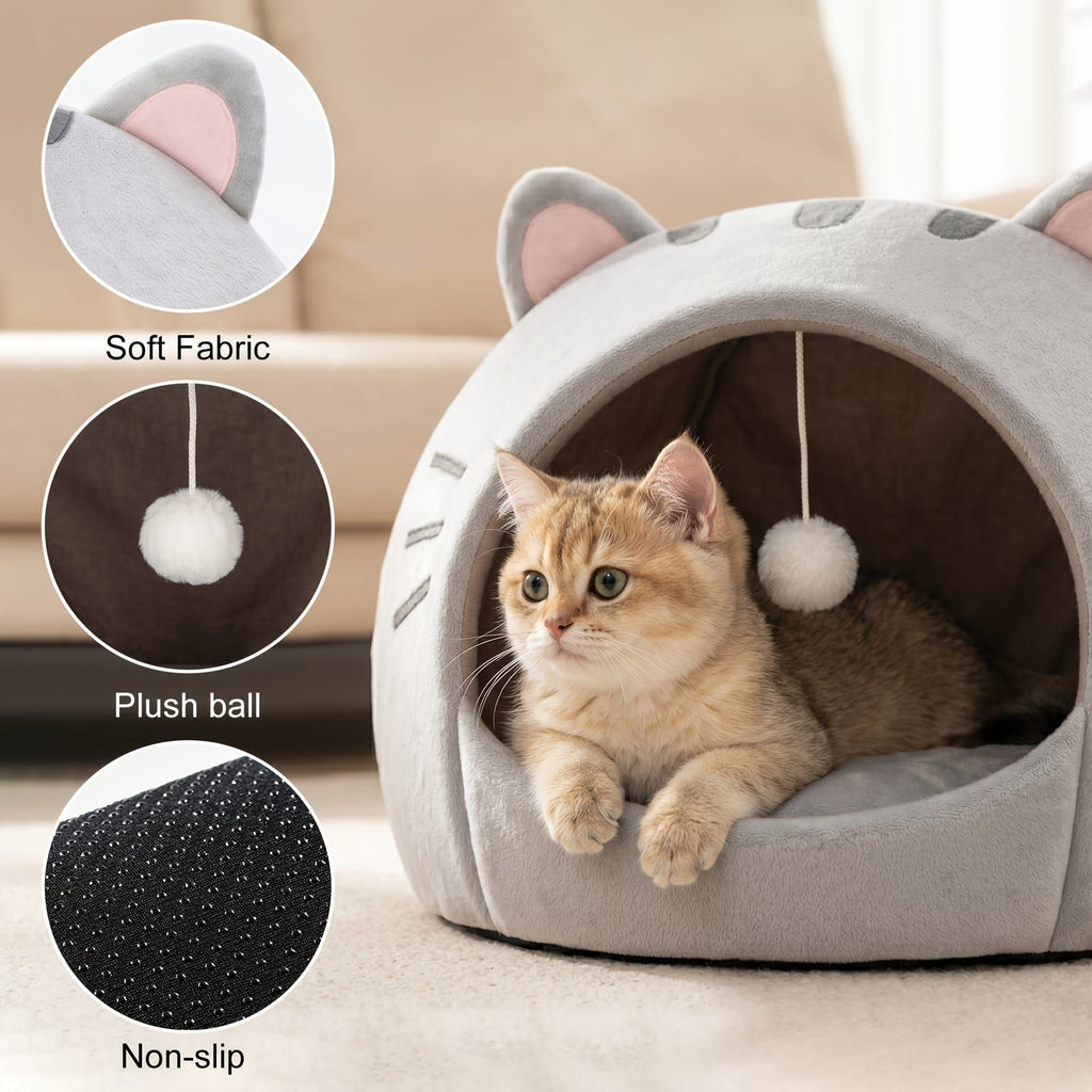 Cozy Semi-Enclosed Cat Cave Bed with Plush Toy Ball, 2-in-1 Convertible Design for Small Dogs and Rabbits, Soft Furry Shelter for Anxious Pets (L, Grey)