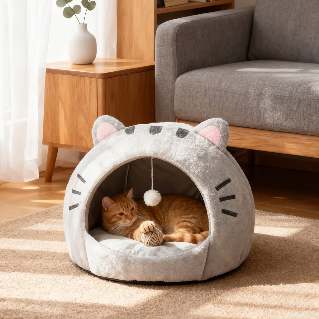 Cozy Semi-Enclosed Cat Cave Bed with Plush Toy Ball, 2-in-1 Convertible Design for Small Dogs and Rabbits, Soft Furry Shelter for Anxious Pets (L, Grey)