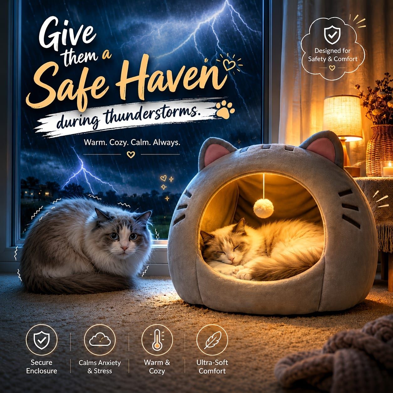 Cozy Semi-Enclosed Cat Cave Bed with Plush Toy Ball, 2-in-1 Convertible Design for Small Dogs and Rabbits, Soft Furry Shelter for Anxious Pets (M, Grey)