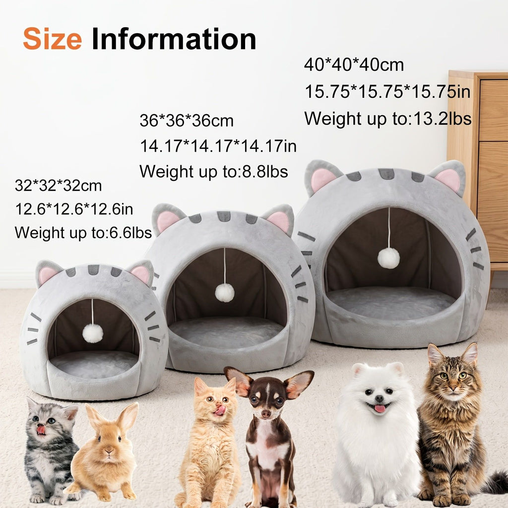 Cozy Semi-Enclosed Cat Cave Bed with Plush Toy Ball, 2-in-1 Convertible Design for Small Dogs and Rabbits, Soft Furry Shelter for Anxious Pets (M, Grey)