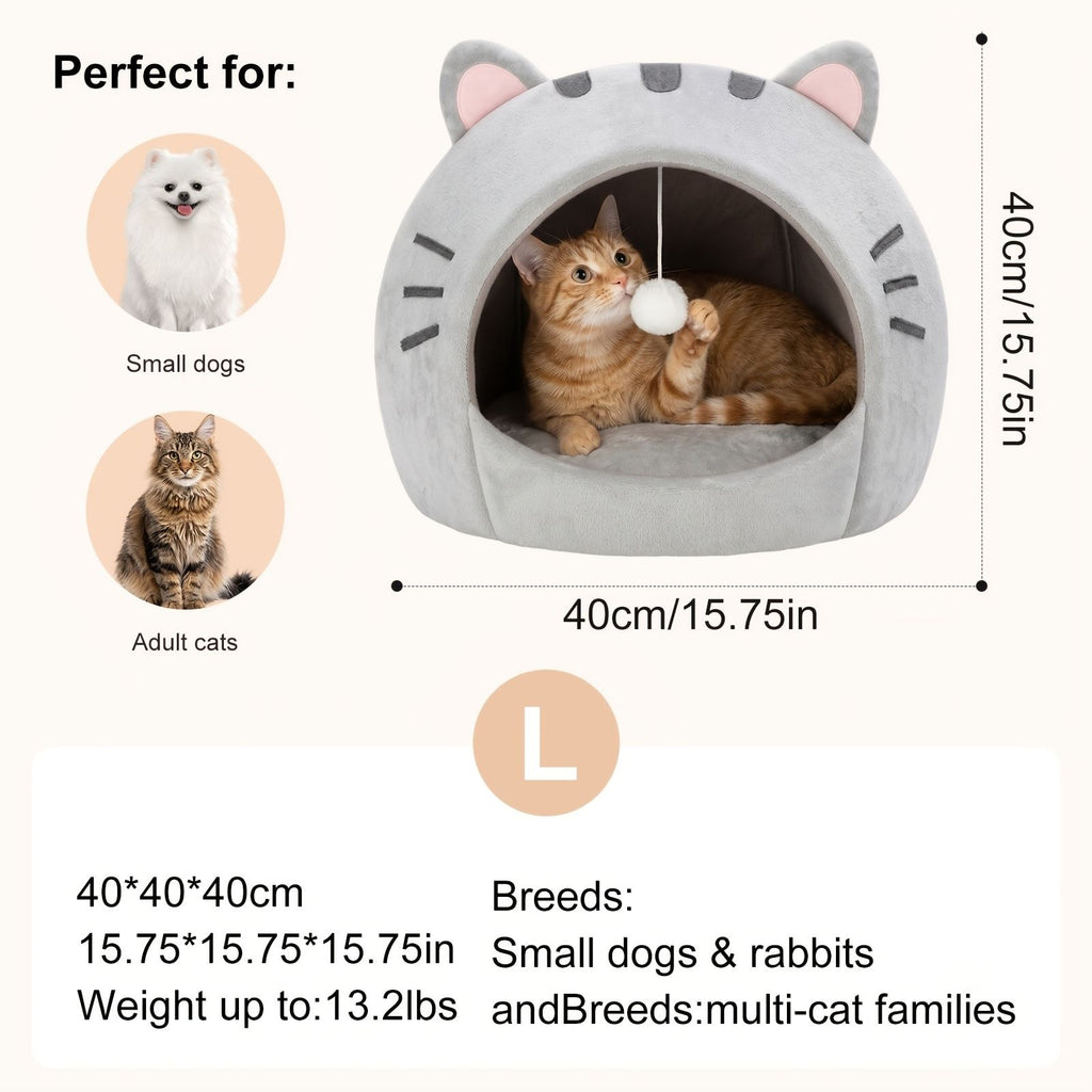 Cozy Semi-Enclosed Cat Cave Bed with Plush Toy Ball, 2-in-1 Convertible Design for Small Dogs and Rabbits, Soft Furry Shelter for Anxious Pets (S, Grey)