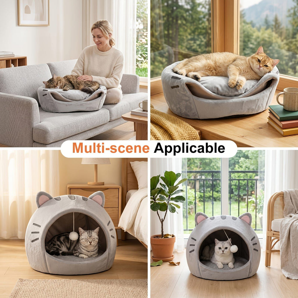 Cozy Semi-Enclosed Cat Cave Bed with Plush Toy Ball, 2-in-1 Convertible Design for Small Dogs and Rabbits, Soft Furry Shelter for Anxious Pets (S, Grey)