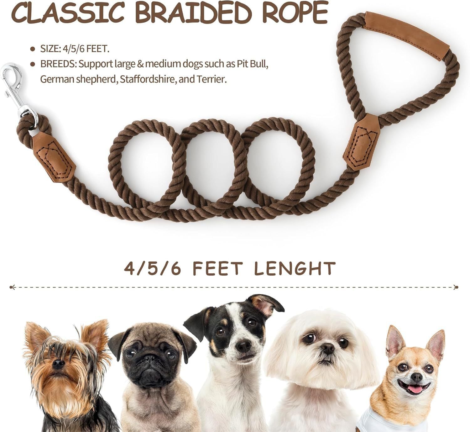 Classic Braided Dog Leash with Genuine Leather Handle and Heavy Duty Metal Clasp for Outdoor Walking, Training, and Control of Medium to Large Breeds (123cm, Brown)