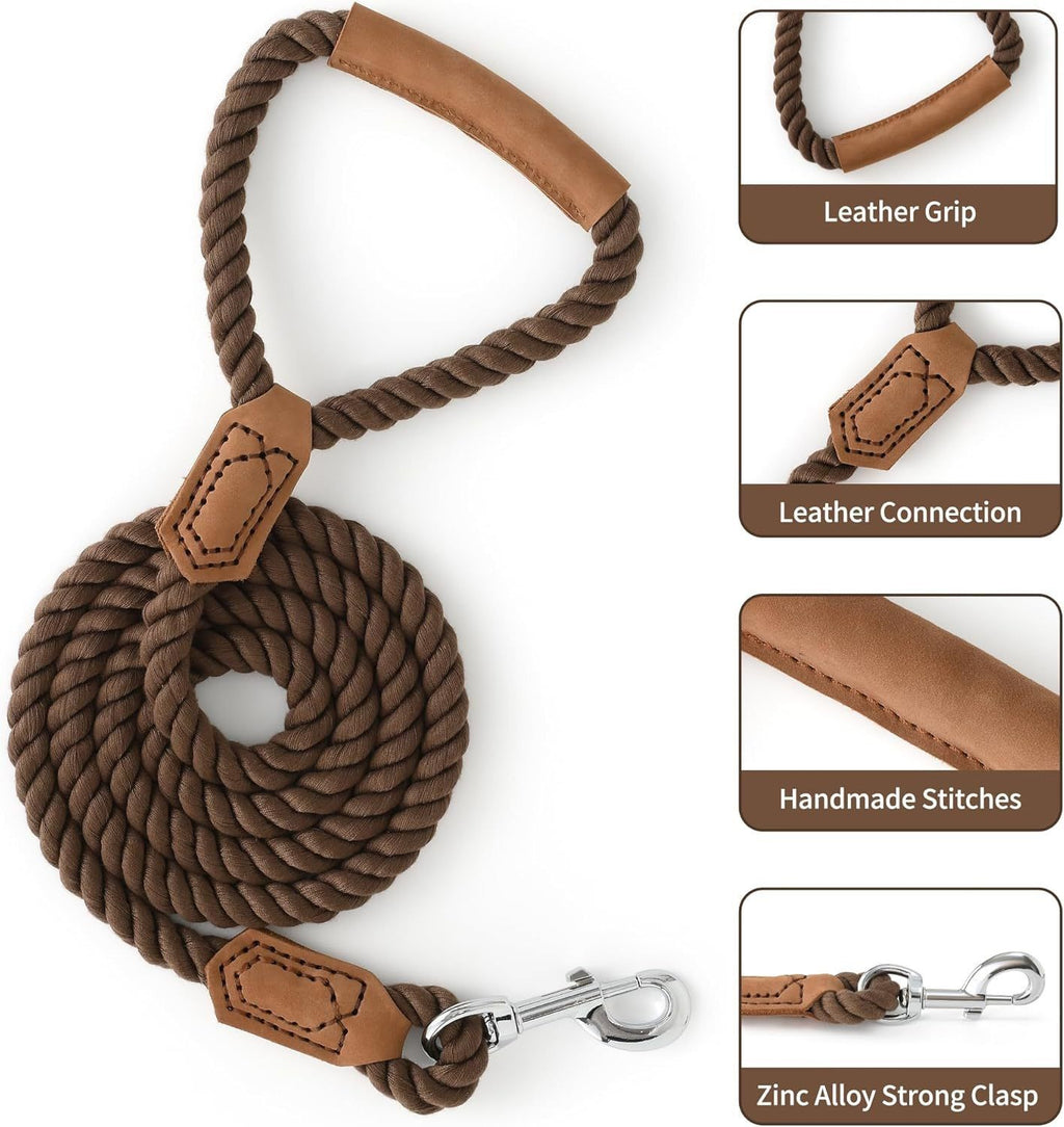 Classic Braided Dog Leash with Genuine Leather Handle and Heavy Duty Metal Clasp for Outdoor Walking, Training, and Control of Medium to Large Breeds (153cm, Brown)