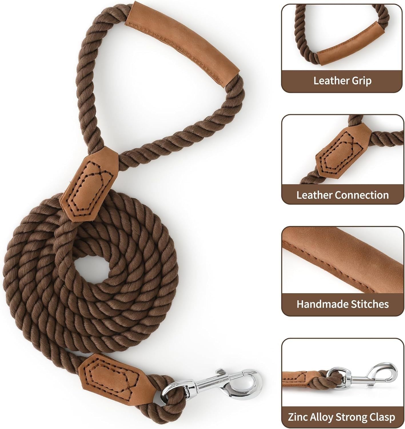 Classic Braided Dog Leash with Genuine Leather Handle and Heavy Duty Metal Clasp for Outdoor Walking, Training, and Control of Medium to Large Breeds (153cm, Brown)
