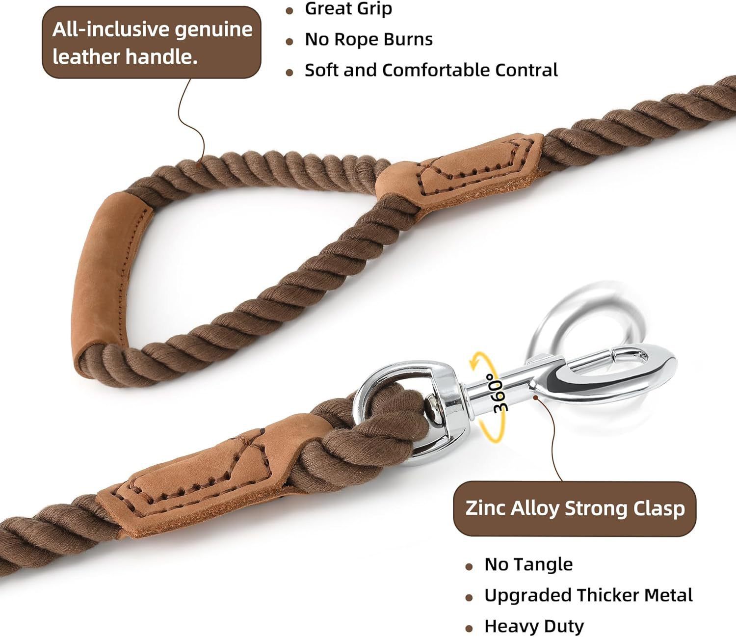 Classic Braided Dog Leash with Genuine Leather Handle and Heavy Duty Metal Clasp for Outdoor Walking, Training, and Control of Medium to Large Breeds (183cm, Brown)