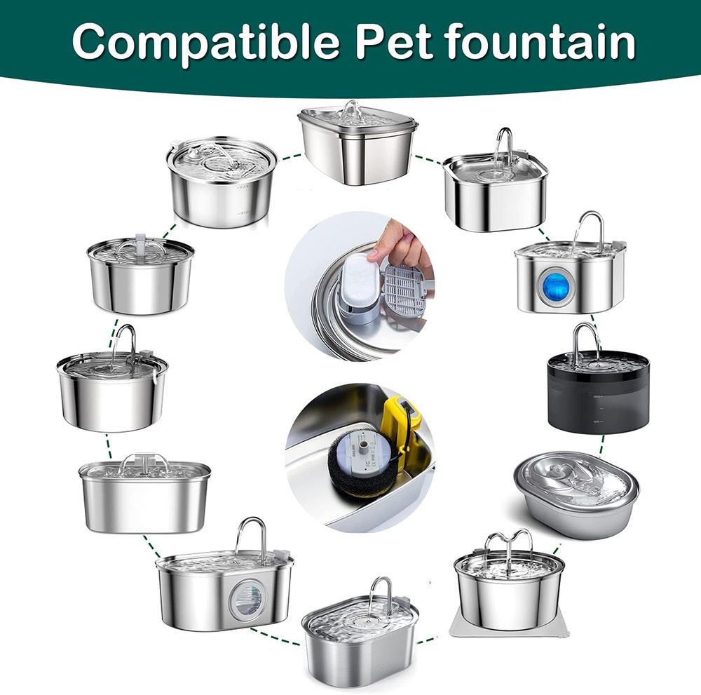 Replacement Pet Water Fountain Filter Kit with Runway Filter, Round Foam, and Square Activated Carbon Pad for Clean, Fresh Drinking Water for Cats and Dogs (A Filter×12)