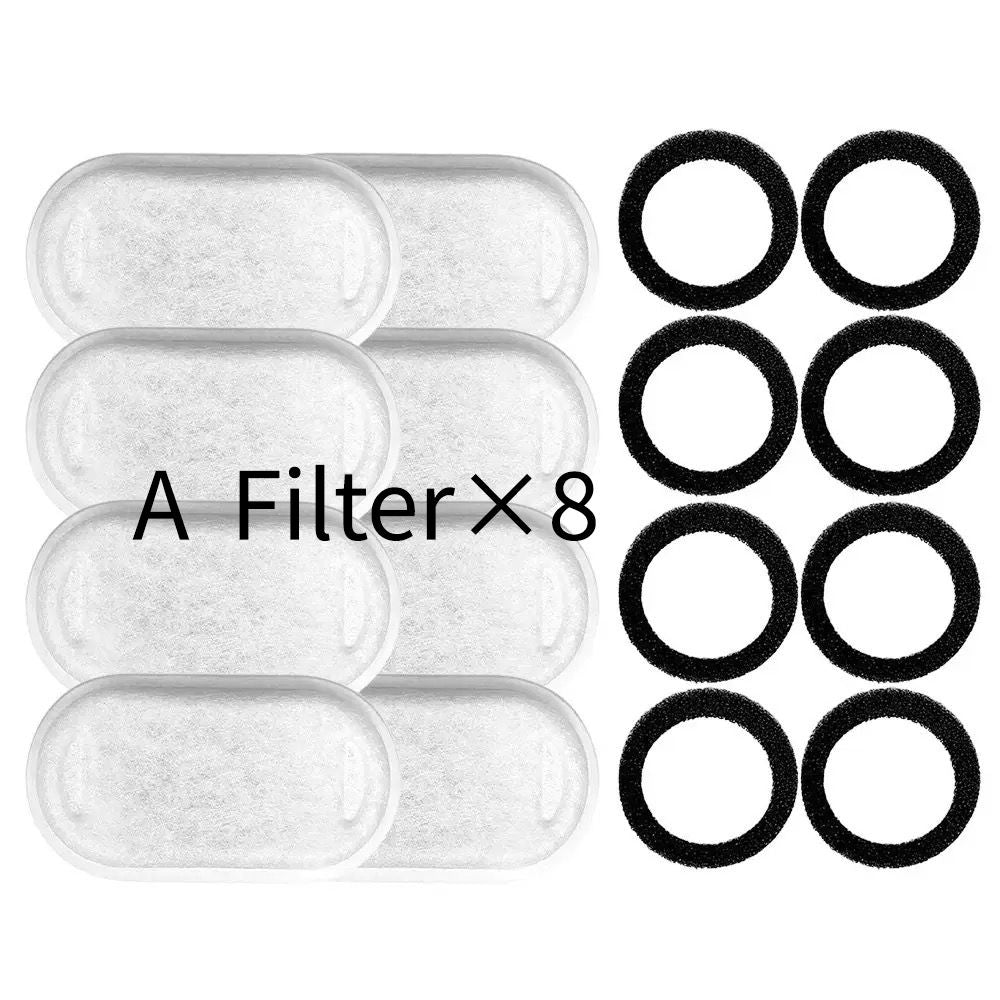 Replacement Pet Water Fountain Filter Kit with Runway Filter, Round Foam, and Square Activated Carbon Pad for Clean, Fresh Drinking Water for Cats and Dogs (B Filter×8)