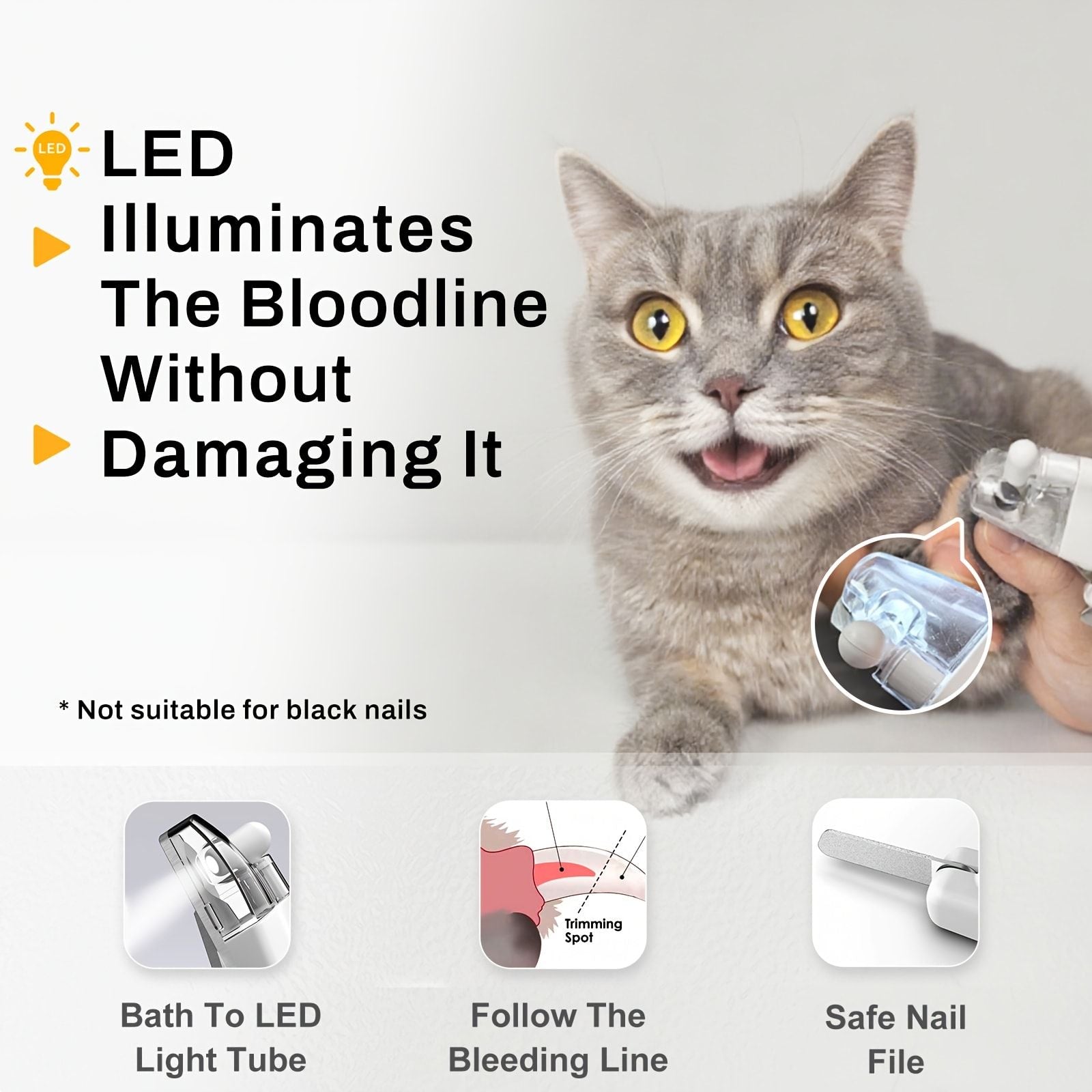 Professional Rechargeable Pet Nail Clipper with LED Light for Cats and Dogs, Safe Trimming and Filing Tool with Safety Lock and Nail Catcher, (White)