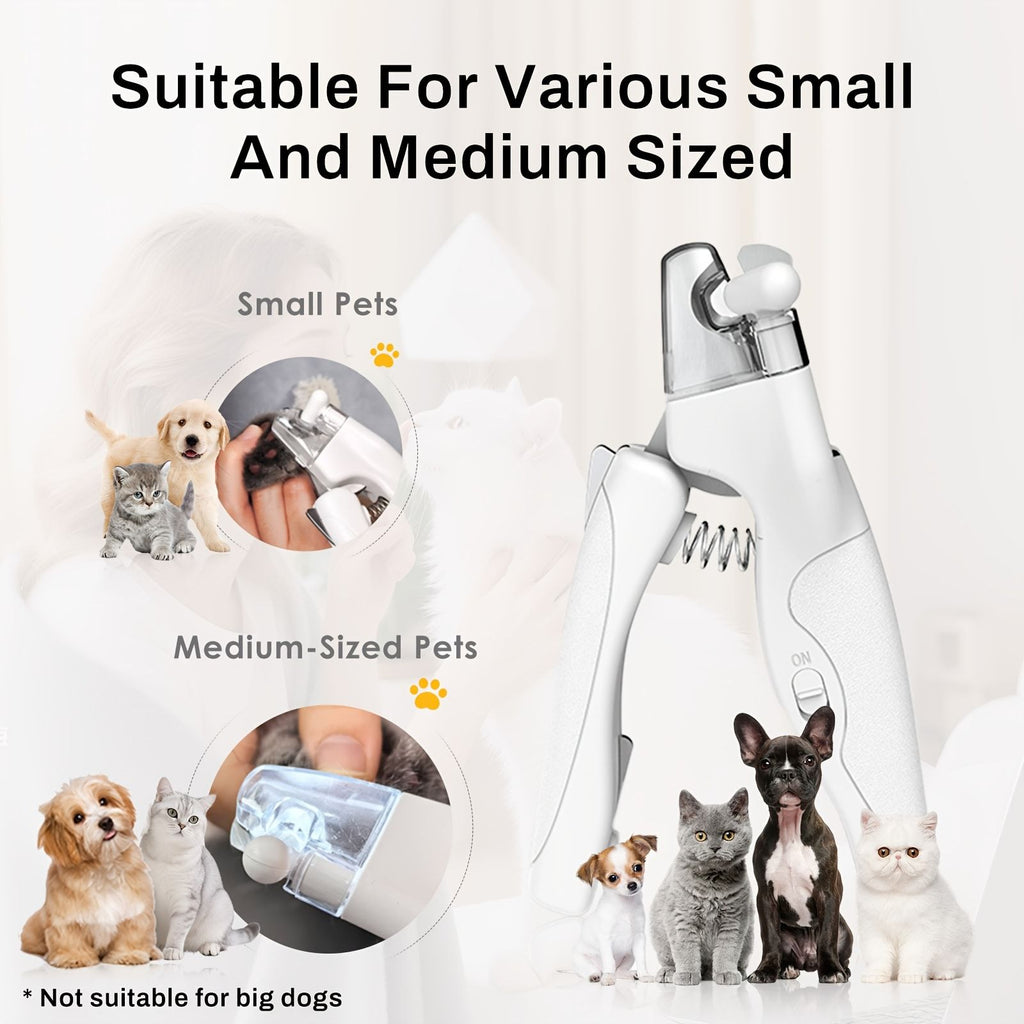Professional Rechargeable Pet Nail Clipper with LED Light for Cats and Dogs, Safe Trimming and Filing Tool with Safety Lock and Nail Catcher, (White)
