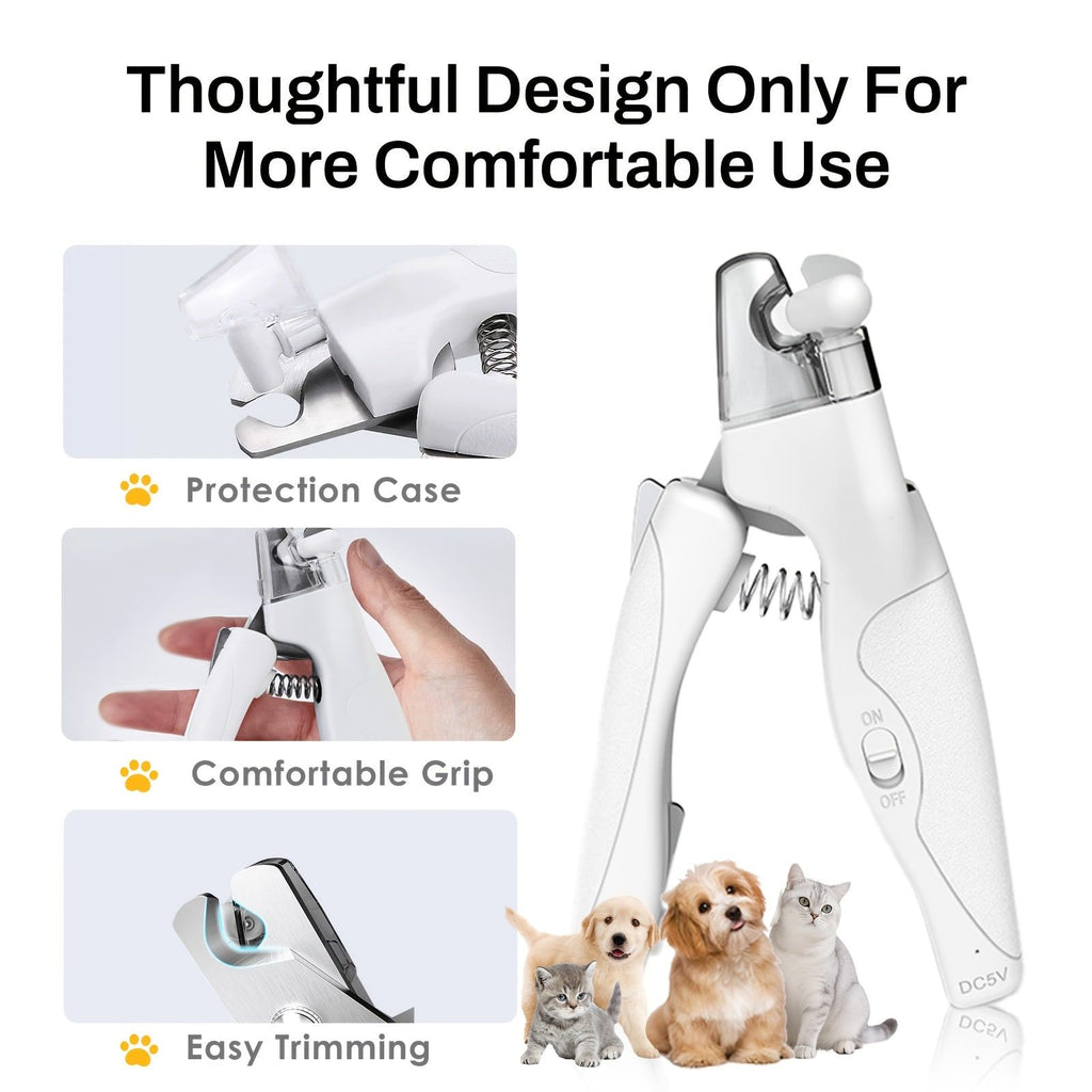 Professional Rechargeable Pet Nail Clipper with LED Light for Cats and Dogs, Safe Trimming and Filing Tool with Safety Lock and Nail Catcher, (White)