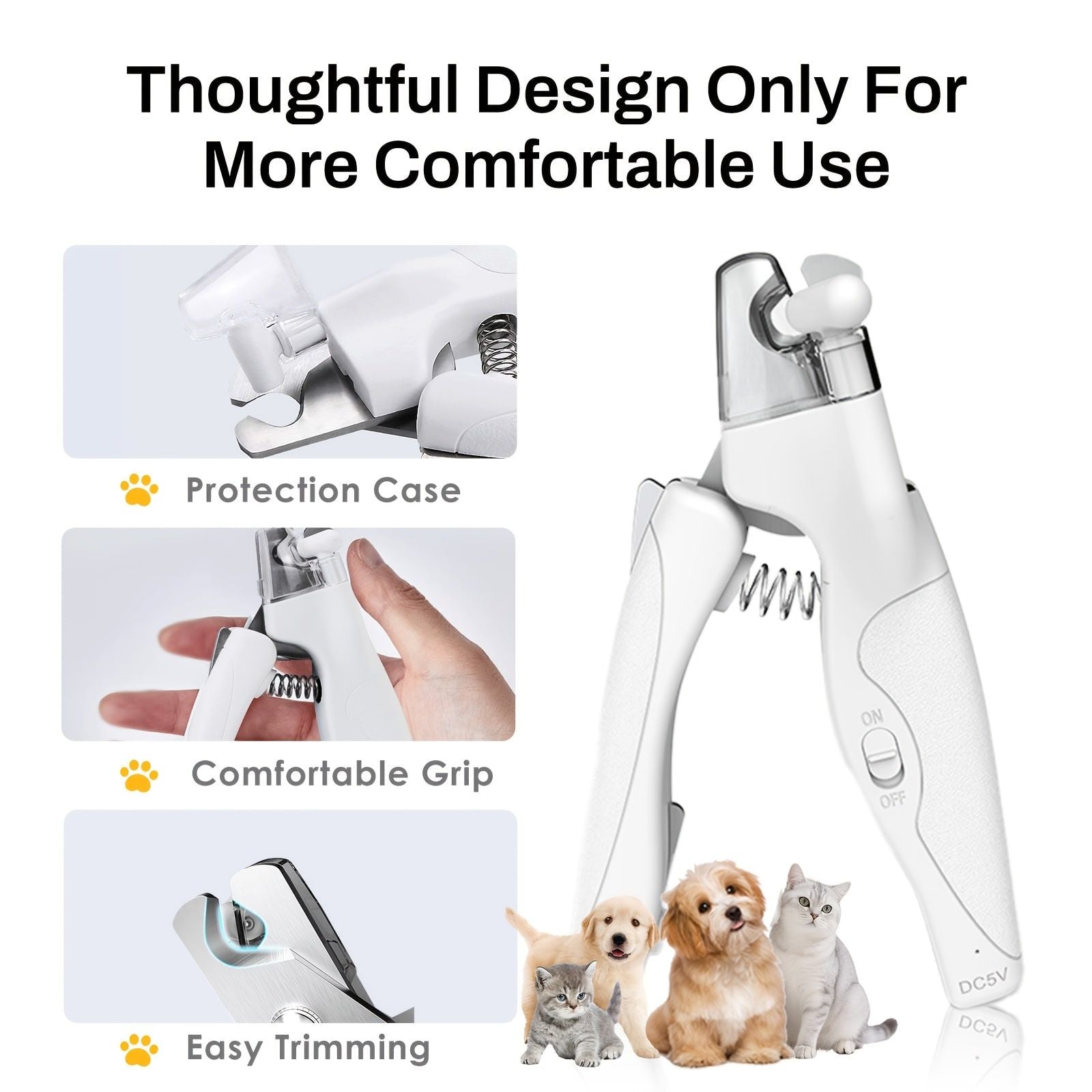 Professional Rechargeable Pet Nail Clipper with LED Light for Cats and Dogs, Safe Trimming and Filing Tool with Safety Lock and Nail Catcher, (White)