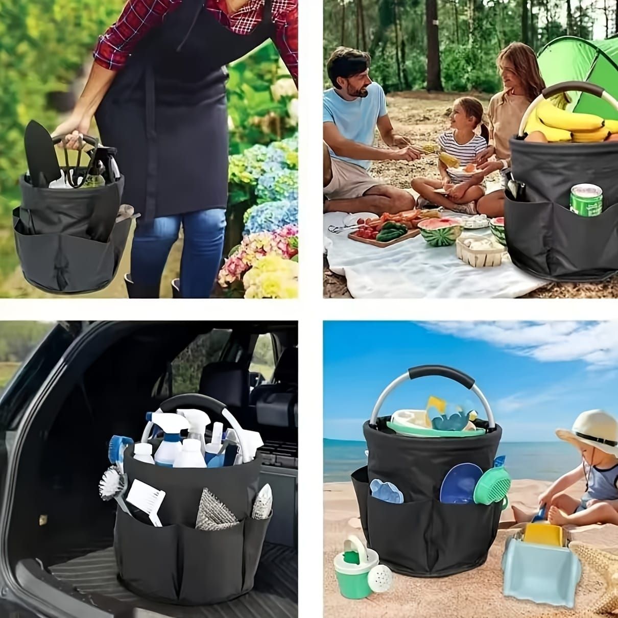 Foldable Carry-All Tote with Handle and Multiple Pockets – Portable Collapsible Laundry Basket for Outdoor Travel, Camping, Picnic, Beach, and Home Organization (Grey)
