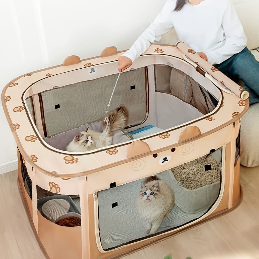Foldable Pet Playpen with Zippered Top, Portable Cat Whelping Box & Puppy Kennel for Indoor/Outdoor Use, Easy Assembly, Multi-Functional Tent for Small Pets (Brown-XL)