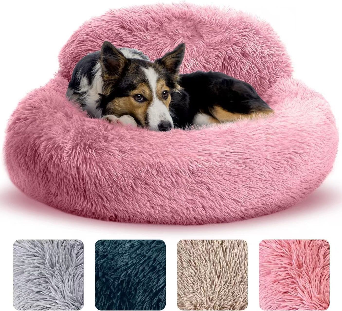 Cozy Plush Donut Pet Bed with Raised Rim, Washable Faux Fur Cat & Dog Couch, Winter Warm Supportive Nest for Small to Large Breeds (L, Navy)