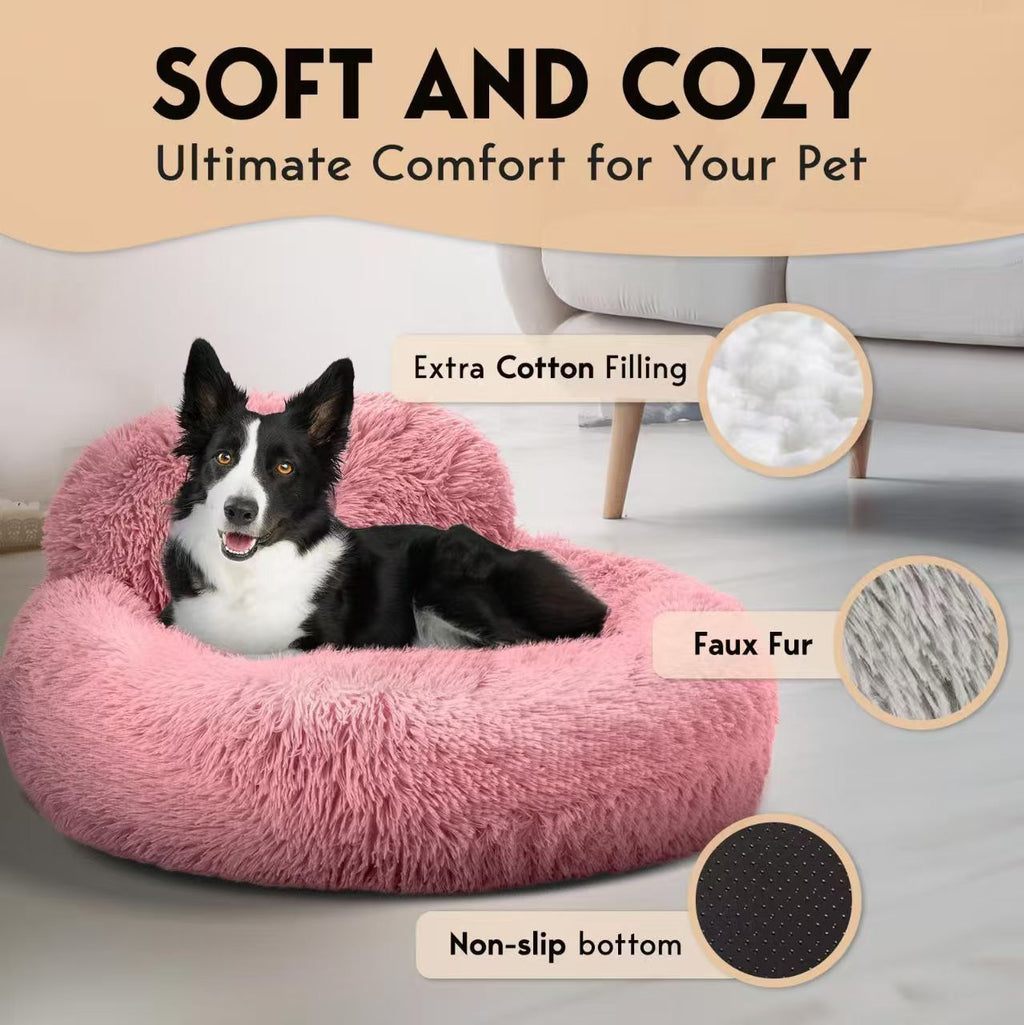 Cozy Plush Donut Pet Bed with Raised Rim, Washable Faux Fur Cat & Dog Couch, Winter Warm Supportive Nest for Small to Large Breeds (L, Pink)