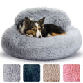 Cozy Plush Donut Pet Bed with Raised Rim, Washable Faux Fur Cat & Dog Couch, Winter Warm Supportive Nest for Small to Large Breeds (L, Silver)