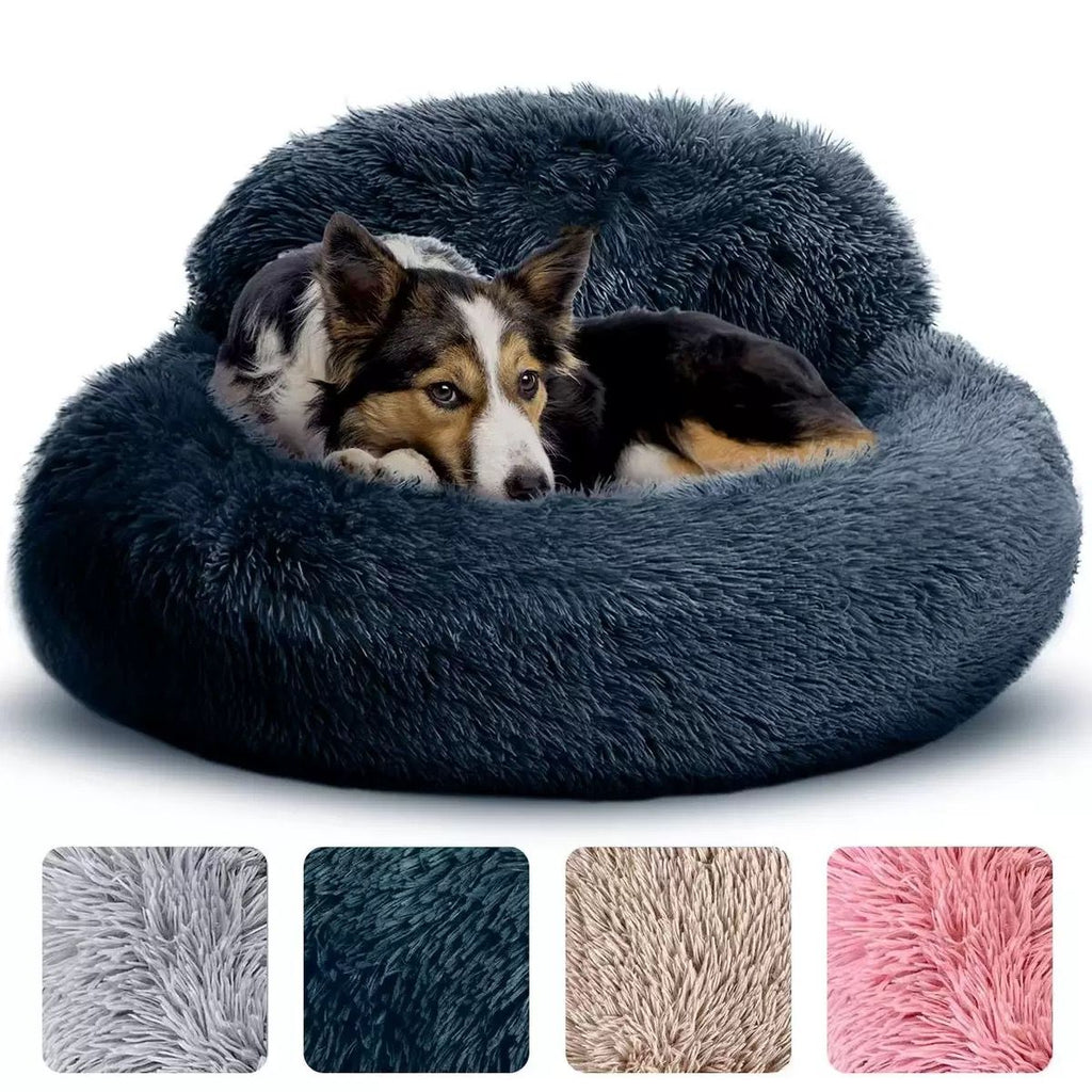 Cozy Plush Donut Pet Bed with Raised Rim, Washable Faux Fur Cat & Dog Couch, Winter Warm Supportive Nest for Small to Large Breeds (M, Brown)