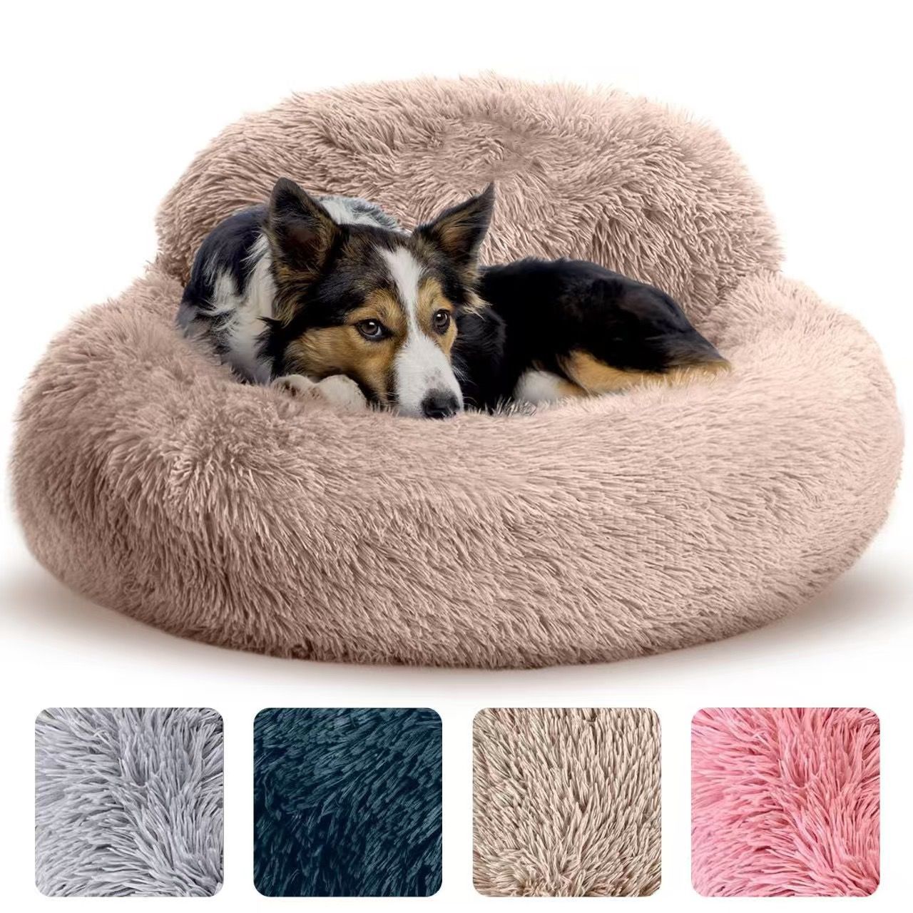 Cozy Plush Donut Pet Bed with Raised Rim, Washable Faux Fur Cat & Dog Couch, Winter Warm Supportive Nest for Small to Large Breeds (M, Pink)