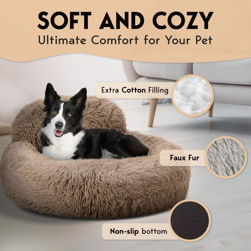 Cozy Plush Donut Pet Bed with Raised Rim, Washable Faux Fur Cat & Dog Couch, Winter Warm Supportive Nest for Small to Large Breeds (M, Silver)