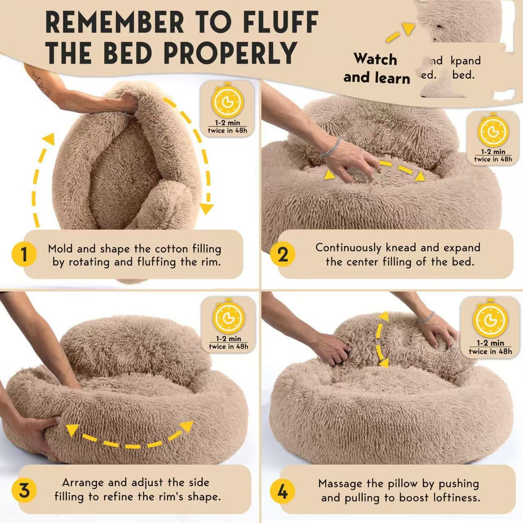 Cozy Plush Donut Pet Bed with Raised Rim, Washable Faux Fur Cat & Dog Couch, Winter Warm Supportive Nest for Small to Large Breeds (M, Silver)