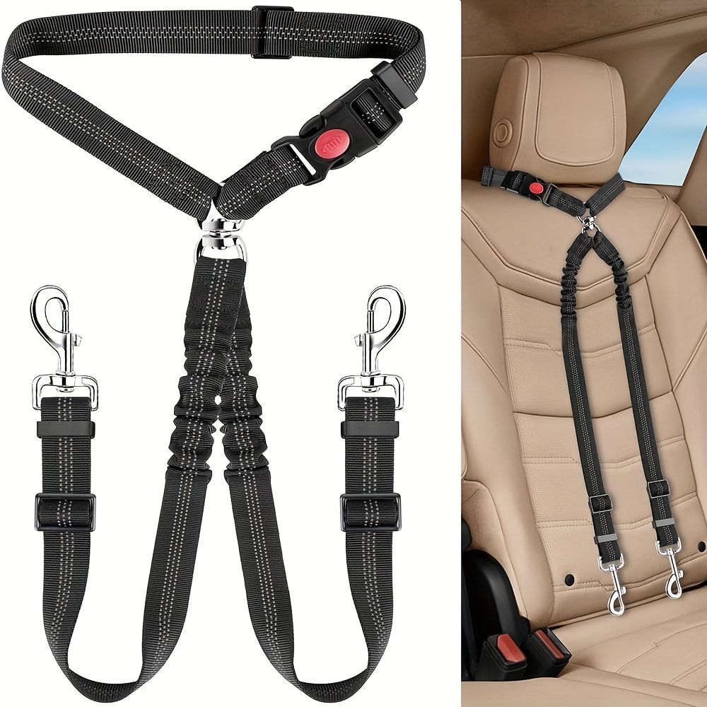 Dual-Head Pet Car Seat Belt with 360° Swivel Tangle-Free Leash for Two Dogs - Adjustable Safety Restraint for Car Travel and Outdoor Walking, Reflective Nylon Webbing (Black)