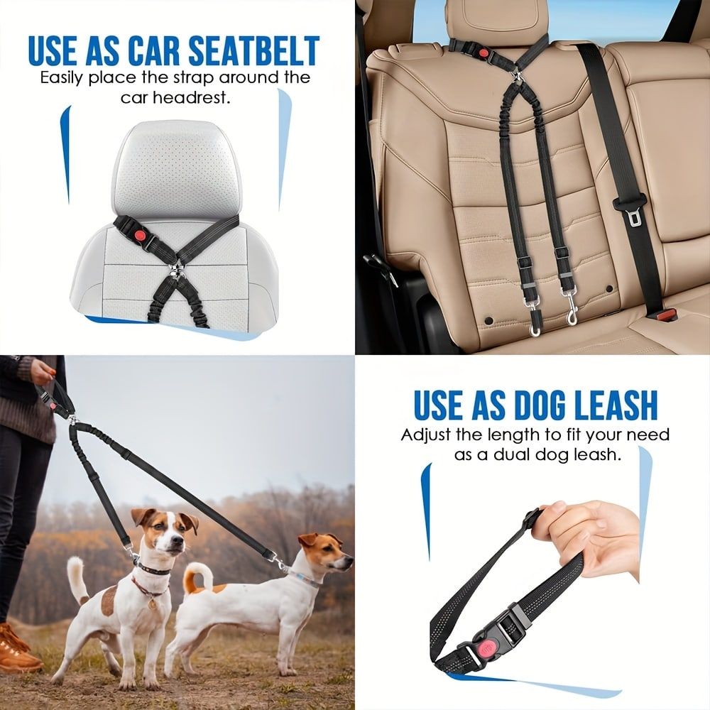 Dual-Head Pet Car Seat Belt with 360° Swivel Tangle-Free Leash for Two Dogs - Adjustable Safety Restraint for Car Travel and Outdoor Walking, Reflective Nylon Webbing (Black)