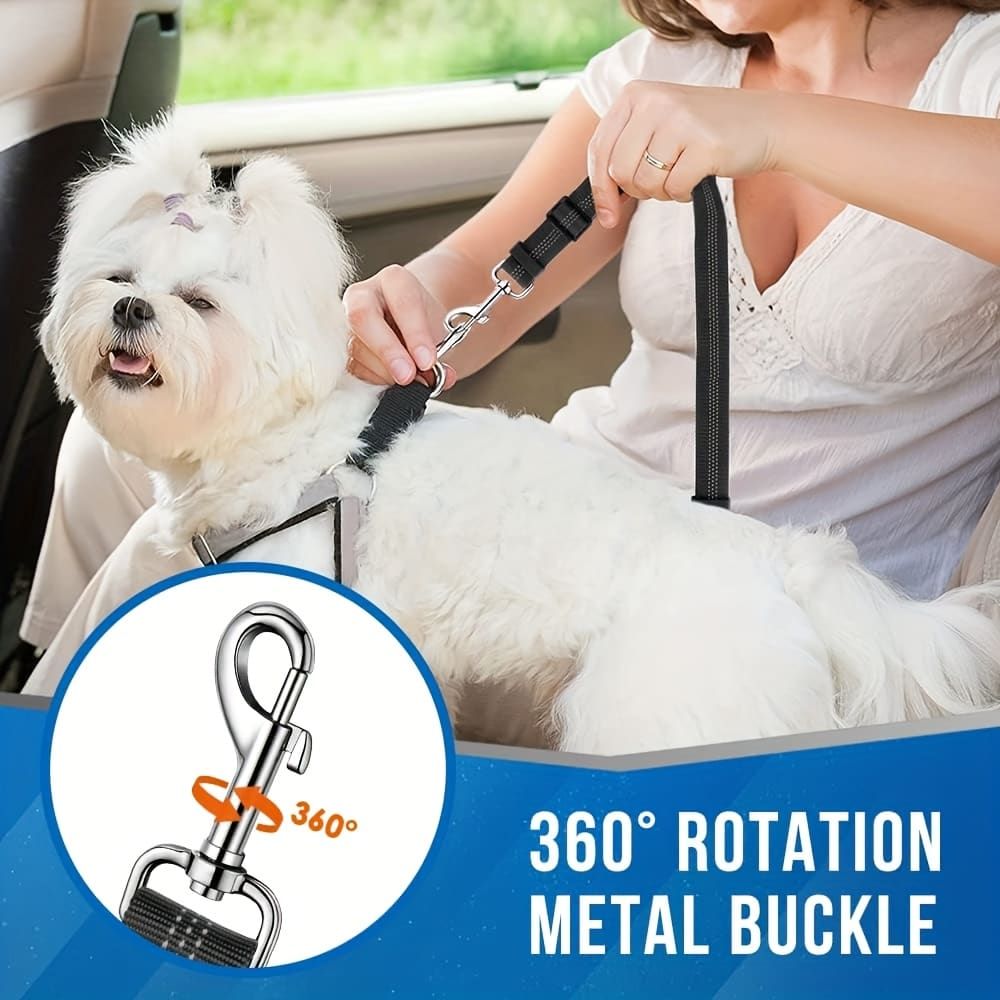 Dual-Head Pet Car Seat Belt with 360° Swivel Tangle-Free Leash for Two Dogs - Adjustable Safety Restraint for Car Travel and Outdoor Walking, Reflective Nylon Webbing (Black)