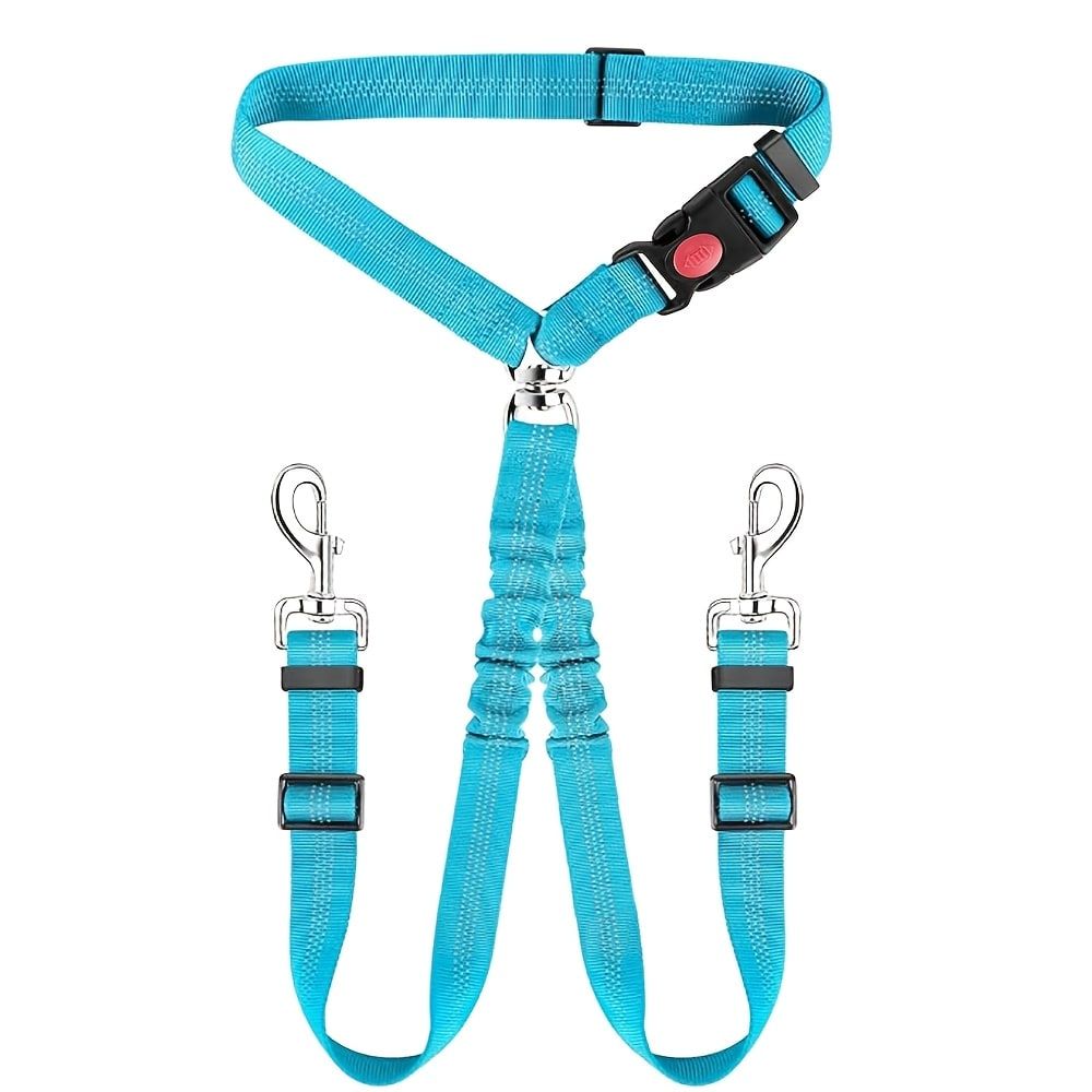 Dual-Head Pet Car Seat Belt with 360° Swivel Tangle-Free Leash for Two Dogs - Adjustable Safety Restraint for Car Travel and Outdoor Walking, Reflective Nylon Webbing (Black)