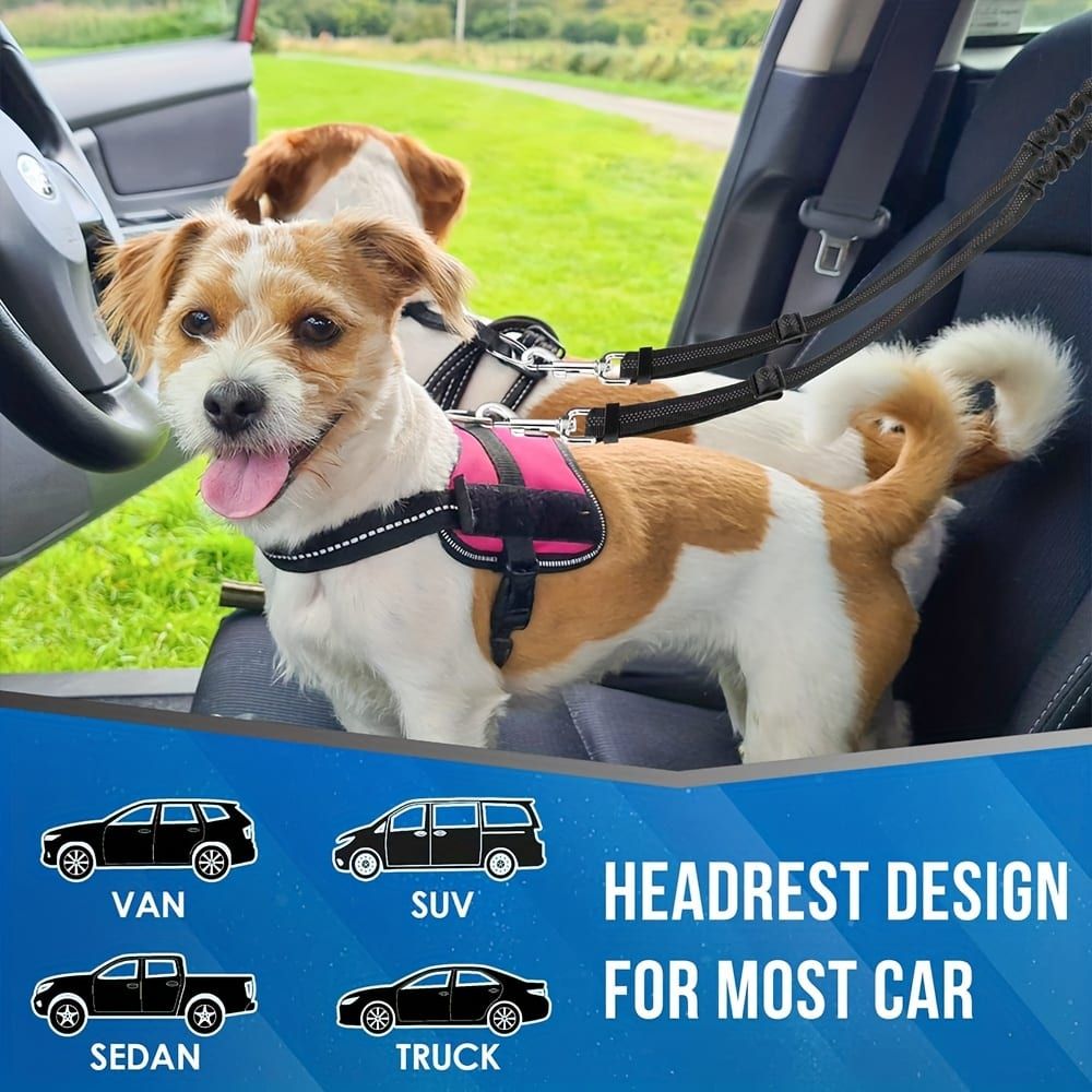 Dual-Head Pet Car Seat Belt with 360° Swivel Tangle-Free Leash for Two Dogs - Adjustable Safety Restraint for Car Travel and Outdoor Walking, Reflective Nylon Webbing (Blue)
