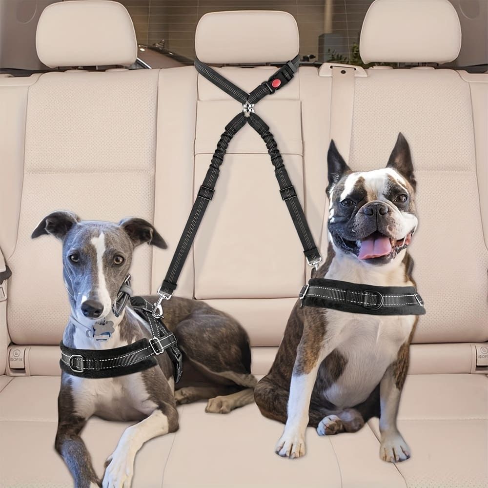 Dual-Head Pet Car Seat Belt with 360° Swivel Tangle-Free Leash for Two Dogs - Adjustable Safety Restraint for Car Travel and Outdoor Walking, Reflective Nylon Webbing (Grey)