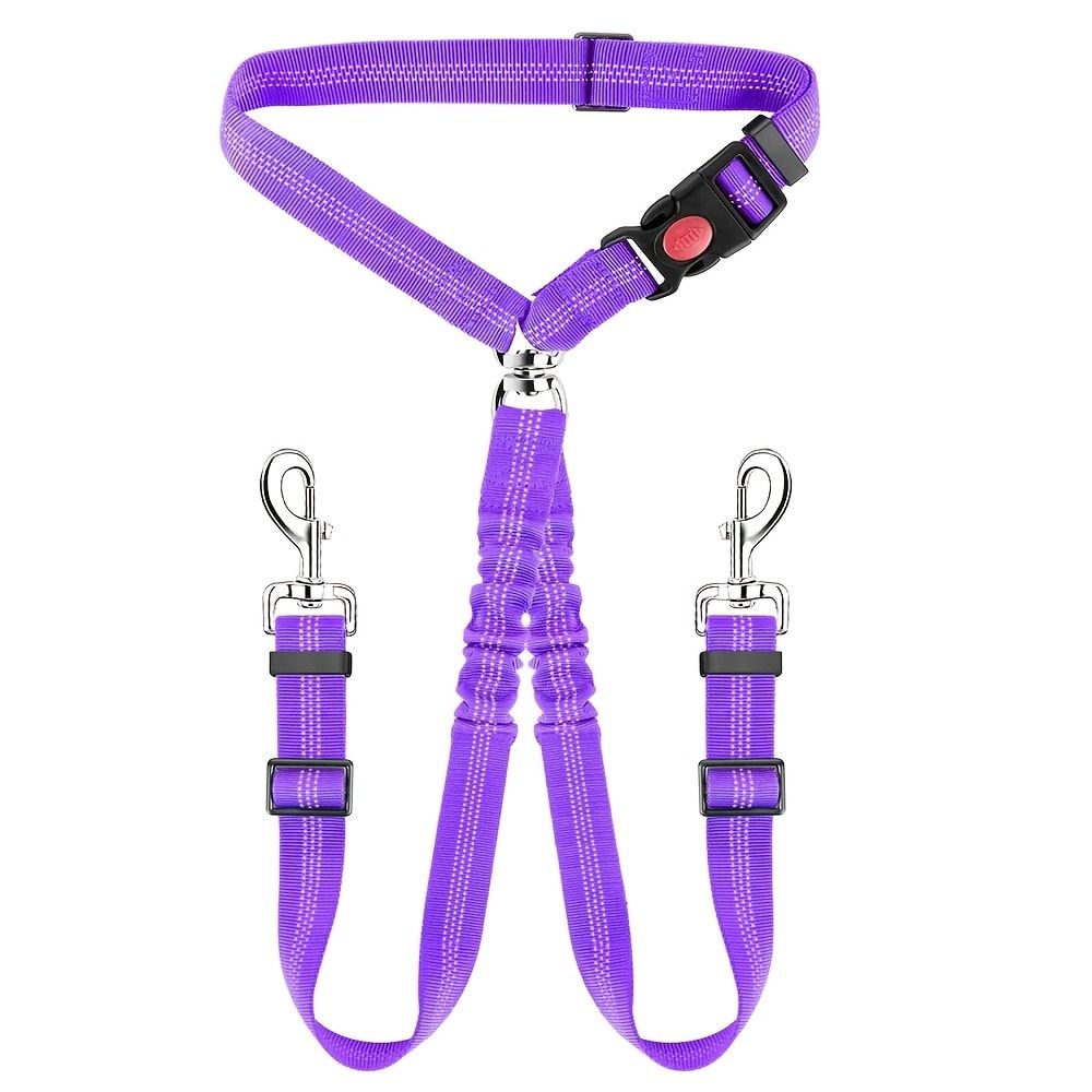 Dual-Head Pet Car Seat Belt with 360° Swivel Tangle-Free Leash for Two Dogs - Adjustable Safety Restraint for Car Travel and Outdoor Walking, Reflective Nylon Webbing (Grey)