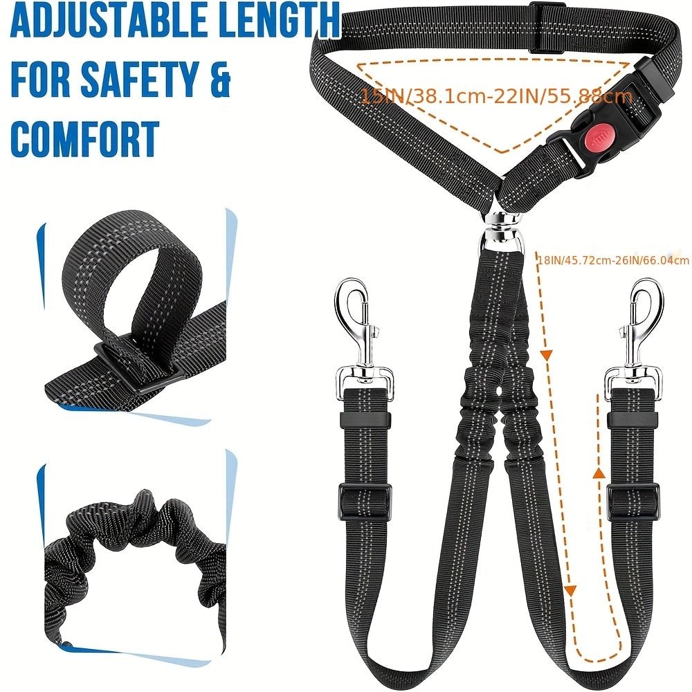 Dual-Head Pet Car Seat Belt with 360° Swivel Tangle-Free Leash for Two Dogs - Adjustable Safety Restraint for Car Travel and Outdoor Walking, Reflective Nylon Webbing (Orange)