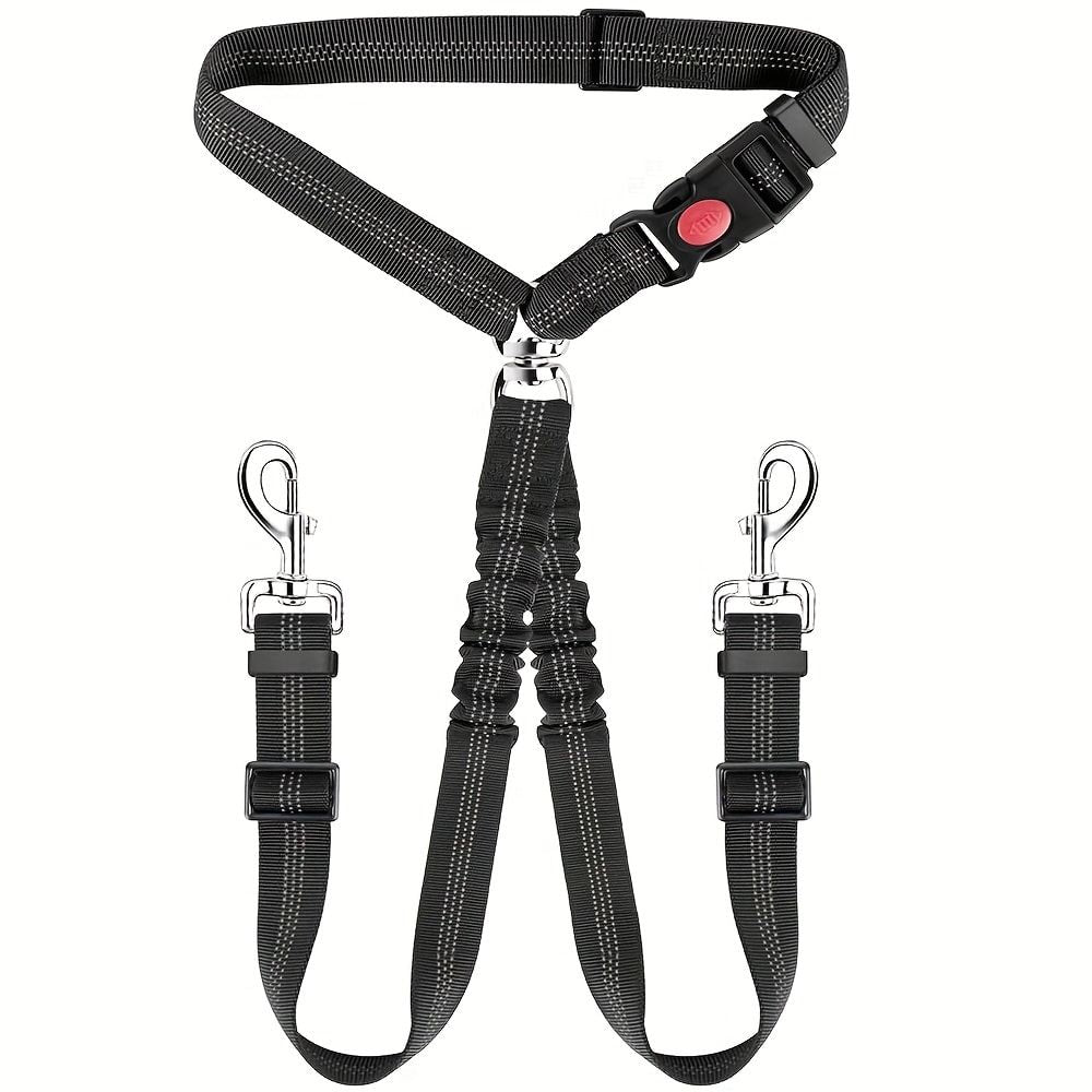 Dual-Head Pet Car Seat Belt with 360° Swivel Tangle-Free Leash for Two Dogs - Adjustable Safety Restraint for Car Travel and Outdoor Walking, Reflective Nylon Webbing (Orange)