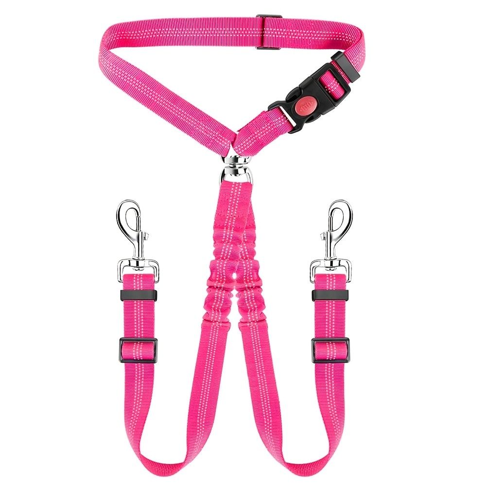 Dual-Head Pet Car Seat Belt with 360° Swivel Tangle-Free Leash for Two Dogs - Adjustable Safety Restraint for Car Travel and Outdoor Walking, Reflective Nylon Webbing (Orange)