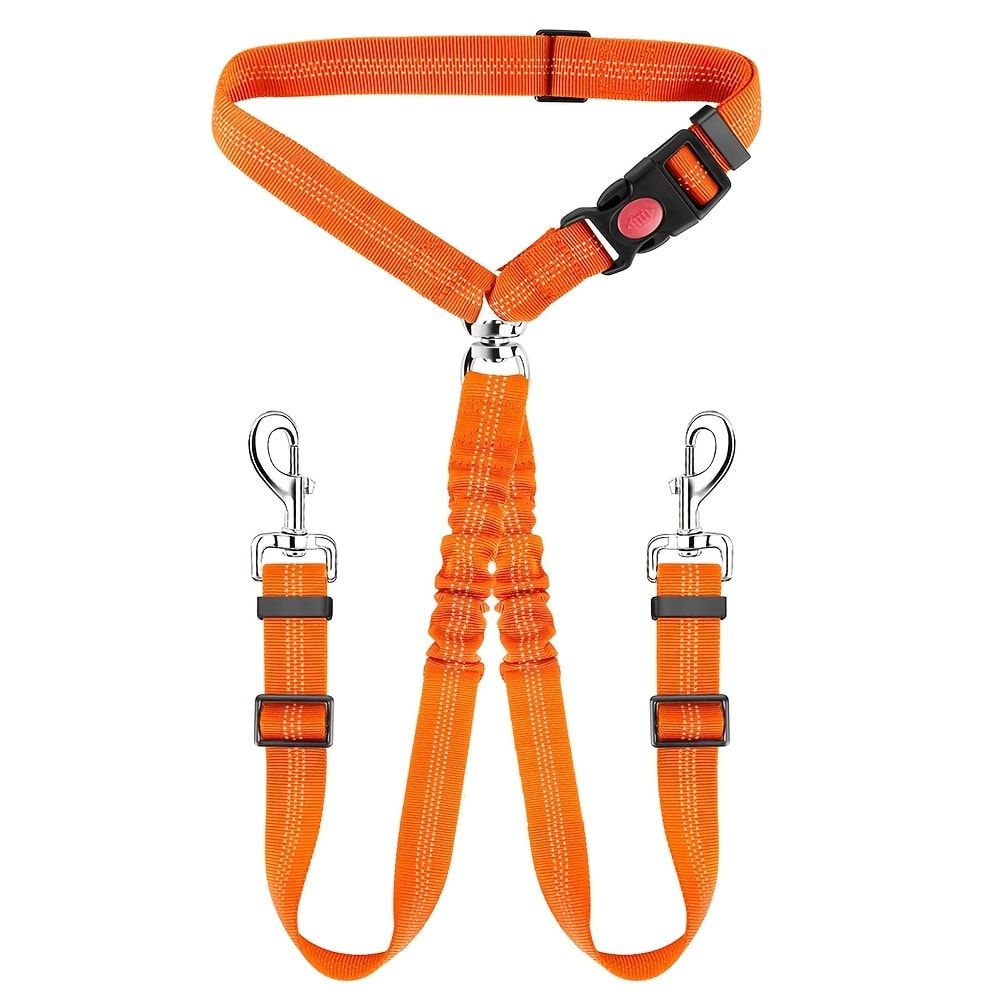 Dual-Head Pet Car Seat Belt with 360° Swivel Tangle-Free Leash for Two Dogs - Adjustable Safety Restraint for Car Travel and Outdoor Walking, Reflective Nylon Webbing (Rose)