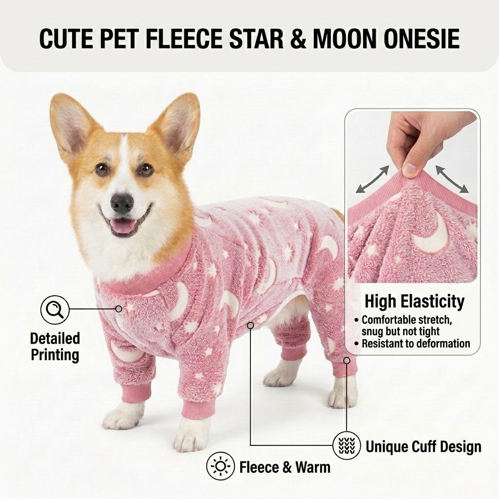 Cozy Winter Pet Fleece Four-Legged Bodysuit, Warm Flannel Full-Body Pajamas for Small to Medium Dogs, Star & Moon Print, Elastic Cuffs for Easy Wear (L, Grey)