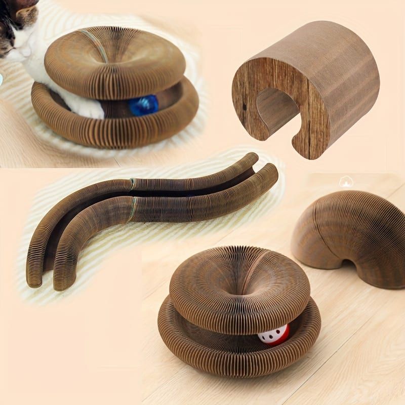 Transformable Magic Accordion Cat Scratcher Toy, Foldable Tunnel for Play and Rest, Interactive with Built-in Track Ball, for Indoor Cats (Brown)