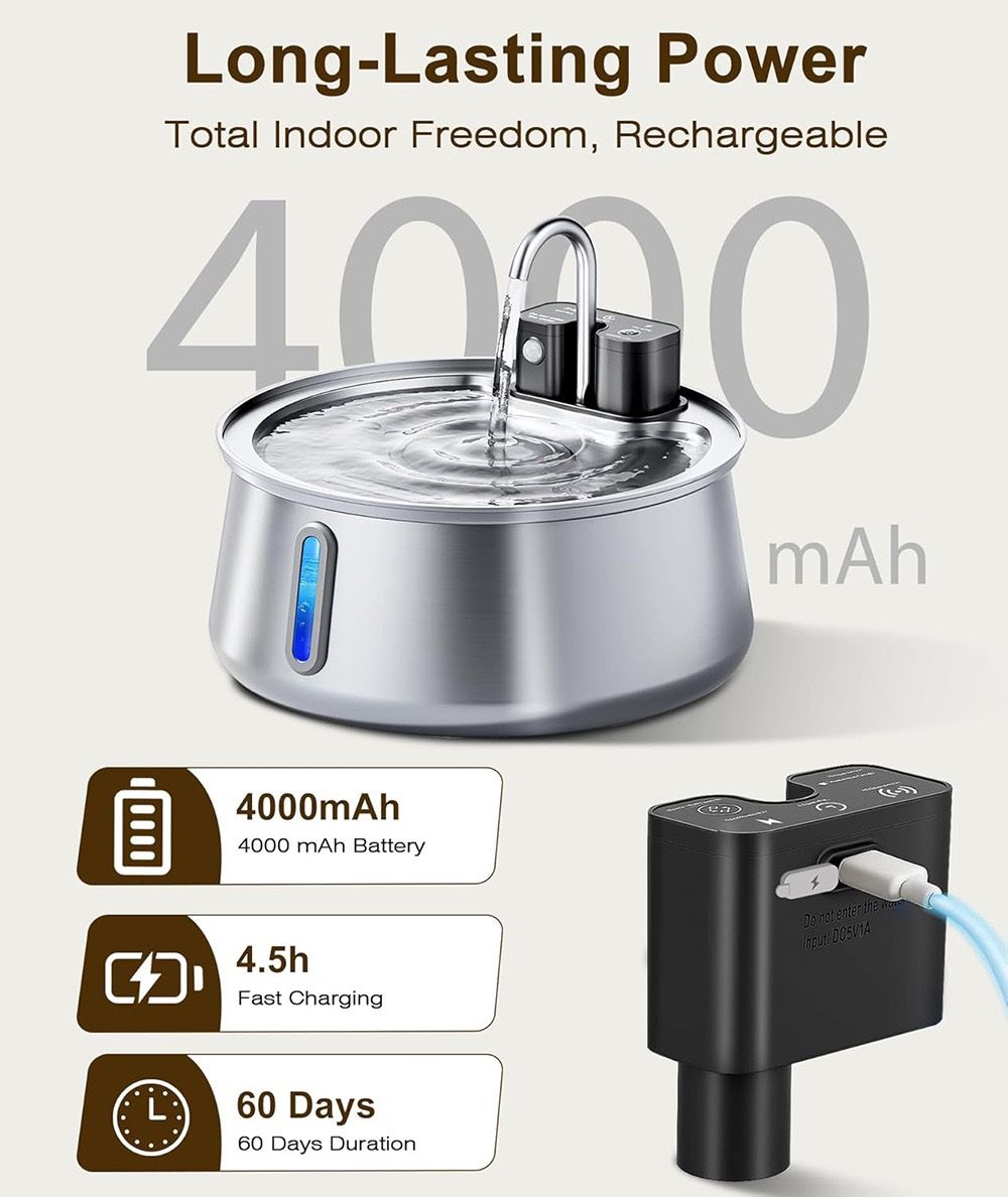 Wireless Pet Water Fountain with 4L Capacity, 304 Stainless Steel, Smart Sensor Water Circulation, Rechargeable Battery, and Type-C Charging for Cats and Dogs in Indoor Spaces (E1)