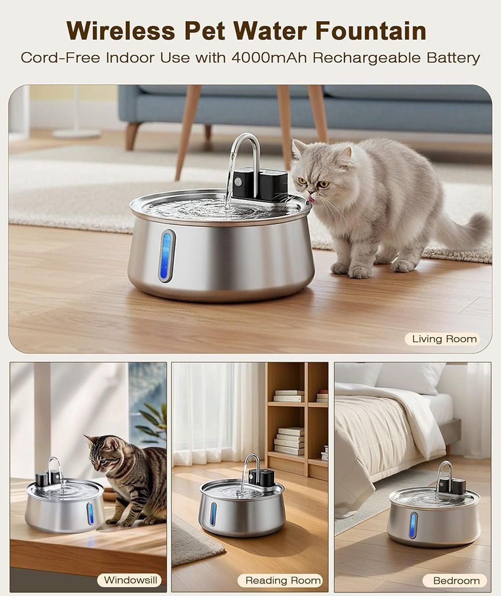 Wireless Pet Water Fountain with 4L Capacity, 304 Stainless Steel, Smart Sensor Water Circulation, Rechargeable Battery, and Type-C Charging for Cats and Dogs in Indoor Spaces (E1)
