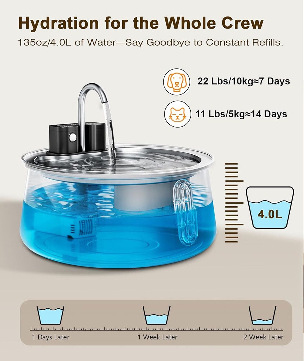 Wireless Pet Water Fountain with 4L Capacity, 304 Stainless Steel, Smart Sensor Water Circulation, Rechargeable Battery, and Type-C Charging for Cats and Dogs in Indoor Spaces (E2)