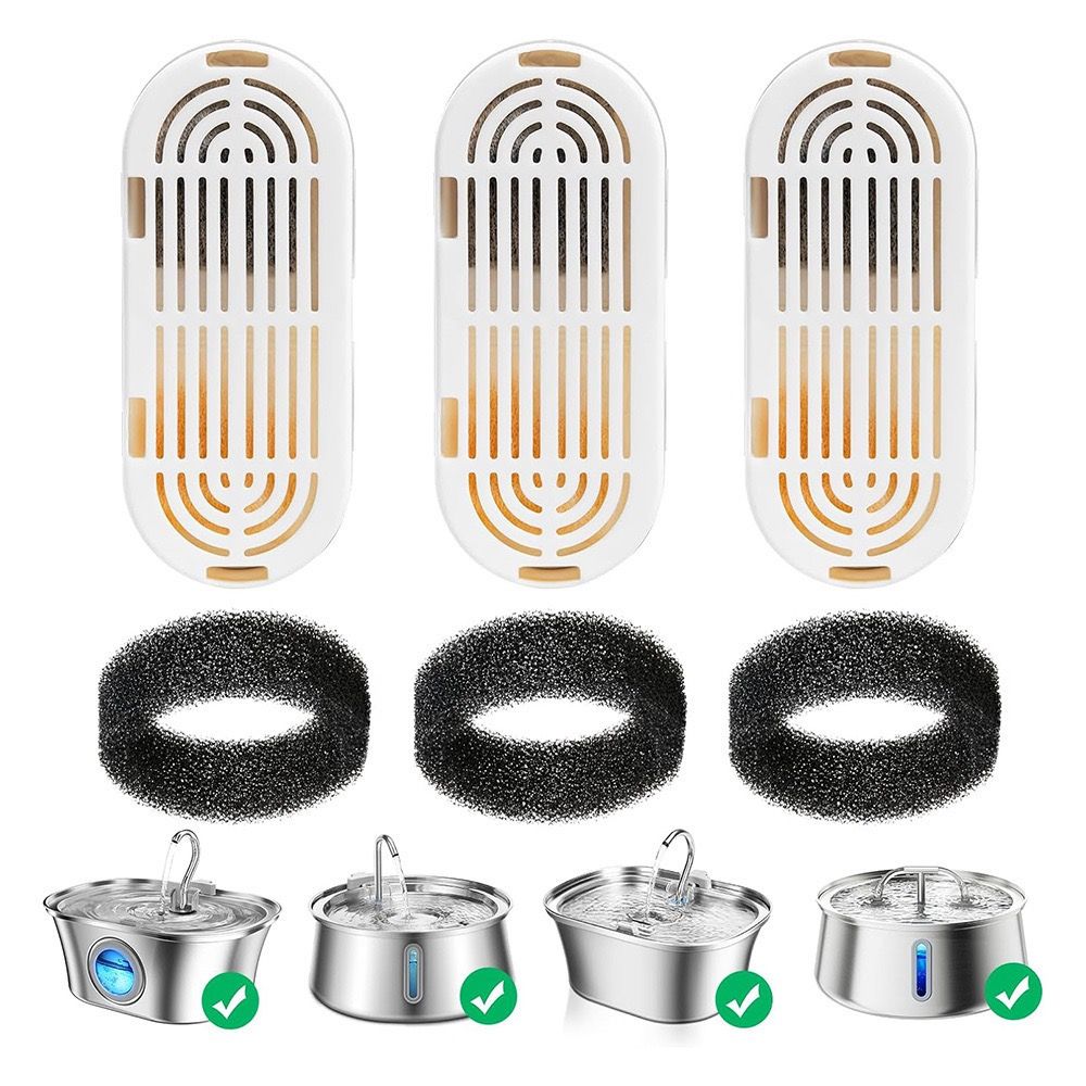Replacement Filter Kit for Stainless Steel Pet Water Fountains – Activated Carbon & Ion-Exchange Resin 4-Layer Filtration, Removes Heavy Metals & Impurities, Compatible with Multiple Fountain Models (Filter×9)