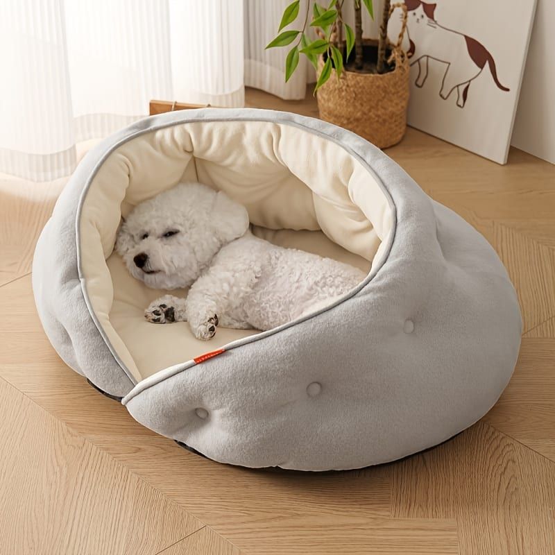 Semi-Enclosed Pet Bed with Plush Comfort and Anti-Slip Base – Ideal for Cats and Small to Medium Dogs Seeking a Cozy, Secure Sleep Spot for All Seasons (L, Blue)