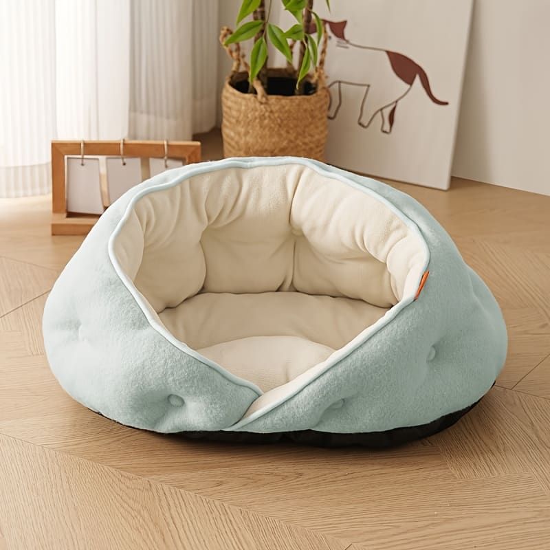 Semi-Enclosed Pet Bed with Plush Comfort and Anti-Slip Base – Ideal for Cats and Small to Medium Dogs Seeking a Cozy, Secure Sleep Spot for All Seasons (L, Blue)
